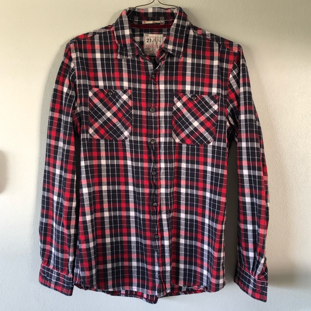 Red, White, and Navy plaid flannel shirt
